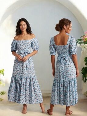 Maxi Dress S Boho Floral Flared summer stretchy fabric elastic waist sundress
